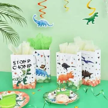 WERNNSAI Watercolor Dinosaur Party Bags - 16 Pack Dinosaur Party Favor Bags for Boys Kids Dino Theme Party Supplies Candy Treat Goodies Gift Bags with Handle