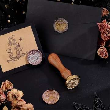 PH PandaHall Butterfly Wax Seal Stamp Kit 30mm Wax Sealing Stamp Removable Retro Brass Head Stamp with Wooden Handle for Halloween Wedding Envelopes Invitation Card Wine Package Decor Gift Wrapping