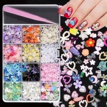 3D Mix Assorted Color Nail Charms Acrylic Multi Blue Purple White Heart Flower Butterfly Bowknot Cute Nail Charms Hollow Pearls Jewelry Nail Charms for Nail Art Design DIY Crafts Accessories