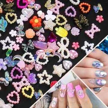 3D Mix Assorted Color Nail Charms Acrylic Multi Blue Purple White Heart Flower Butterfly Bowknot Cute Nail Charms Hollow Pearls Jewelry Nail Charms for Nail Art Design DIY Crafts Accessories