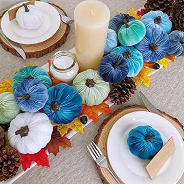 Set of 16 Faux Assorted Velvet Pumpkins Decorative Teal Blue Green Gray Ivory Fabric Pumpkins Foam Pumpkins for Farmhouse Fall Wedding Thanksgiving Halloween Table Centerpiece Mantel Kitchen Decor