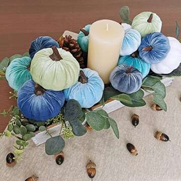 Set of 16 Faux Assorted Velvet Pumpkins Decorative Teal Blue Green Gray Ivory Fabric Pumpkins Foam Pumpkins for Farmhouse Fall Wedding Thanksgiving Halloween Table Centerpiece Mantel Kitchen Decor