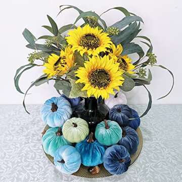 Set of 16 Faux Assorted Velvet Pumpkins Decorative Teal Blue Green Gray Ivory Fabric Pumpkins Foam Pumpkins for Farmhouse Fall Wedding Thanksgiving Halloween Table Centerpiece Mantel Kitchen Decor