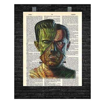 FIREINK Birsppy Vintage Horror Movie Wall Decor Vintage Horror Character Collage Featuring Count Dracula Frankenstein The Werewolf and The Mummy Dictionary Art Print 8 x 10