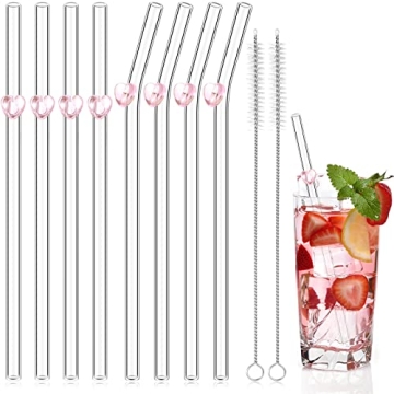 8 Pcs Colorful Reusable Glass Straws with Heart Design for Cocktails and More