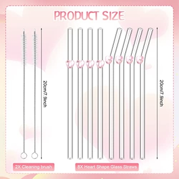 8 Pcs Reusable Glass Straws with Heart Design for All Drinks