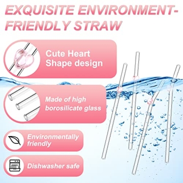 8 Pcs Reusable Glass Straws with Heart Design for All Drinks