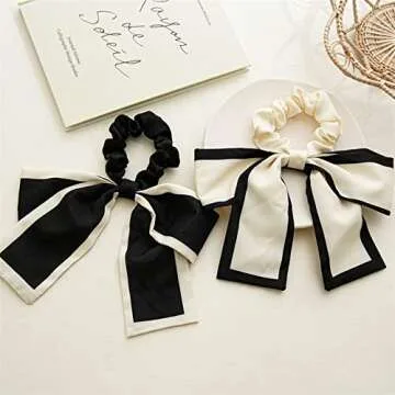 2 Pcs Black White Hair Accessories: Chiffon Ribbon Bow Scrunchies, Short Hair Ties with Bow for Women and Girls (Black)