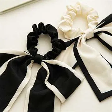 2 Pcs Black White Hair Accessories: Chiffon Ribbon Bow Scrunchies, Short Hair Ties with Bow for Women and Girls (Black)