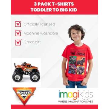 Monster Jam Toddler Boys 3 Pack Graphic T-Shirts Kids Black/Red/Grey 5T