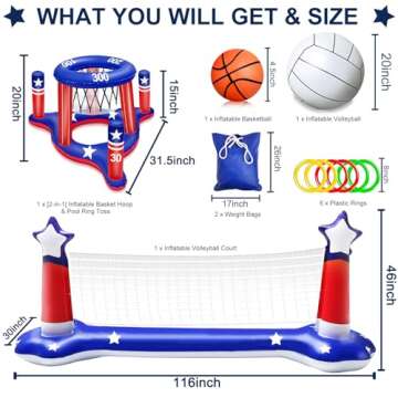 Pool Volleyball Net & Basketball Hoop & Ring Toss, 3-in-1 Large Inflatable Pool Games Set with 2 Bal...
