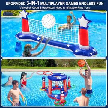 Pool Volleyball Net & Basketball Hoop & Ring Toss, 3-in-1 Large Inflatable Pool Games Set with 2 Balls 6 Rings American Flag Floating Swimming Pool Toys for Kids Adults Summer Pool Party