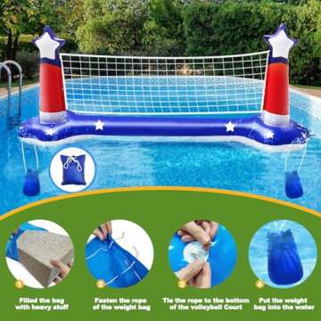 Pool Volleyball Net & Basketball Hoop & Ring Toss, 3-in-1 Large Inflatable Pool Games Set with 2 Balls 6 Rings American Flag Floating Swimming Pool Toys for Kids Adults Summer Pool Party