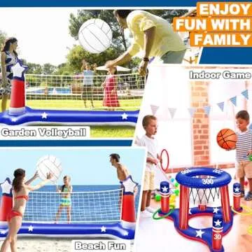 Pool Volleyball Net & Basketball Hoop & Ring Toss, 3-in-1 Large Inflatable Pool Games Set with 2 Balls 6 Rings American Flag Floating Swimming Pool Toys for Kids Adults Summer Pool Party