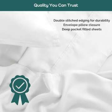 Bamtek 100% Viscose from Bamboo Sheets Queen Size, Super Soft Bedding Set, 4PC Cooling Sheets for Hot Sleepers, Vegan Silk Moisture Wicking, Organically Grown Bedsheet, White (60x80x18 Inch)