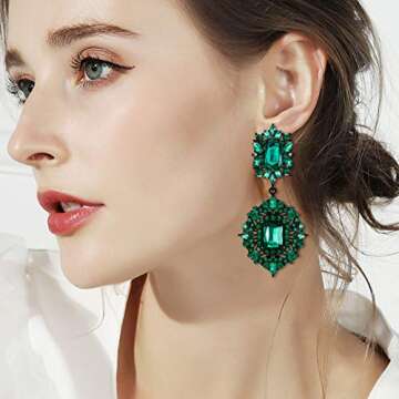 Flyonce Women's Crystal Wedding Art Deco Vintage Style Gatsby Chandelier Dangle Earrings Green