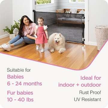 Retractable Baby Gate Perma Child Safety 33" Tall x 71” Wide, Mesh, for Stairs, Doorways, Dogs, Pets, Indoor, Outdoor, One-Handed Operation, Locking, Easy Install, Hardware Mount, Black