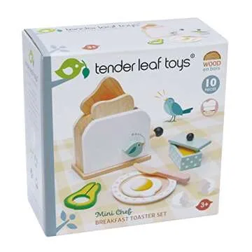 Tender Leaf Toys - Mini Chef Breakfast Toaster Set - 10 Pcs Classic Wooden Pop Up Toaster Toy for Pretend Cooking - Develops Social, Creative & Imaginative Skills Learning Role Play - Age 3+