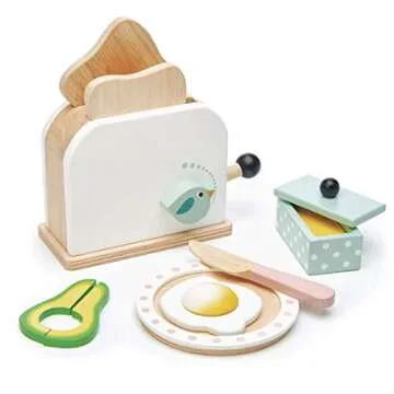 Tender Leaf Toys - Mini Chef Breakfast Toaster Set - 10 Pcs Classic Wooden Pop Up Toaster Toy for Pretend Cooking - Develops Social, Creative & Imaginative Skills Learning Role Play - Age 3+