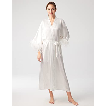 Elegant Satin Kimono Robe with Ostrich Feather Trim