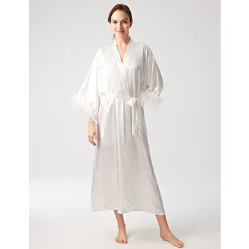 Elegant Satin Kimono Robe with Ostrich Feather Trim