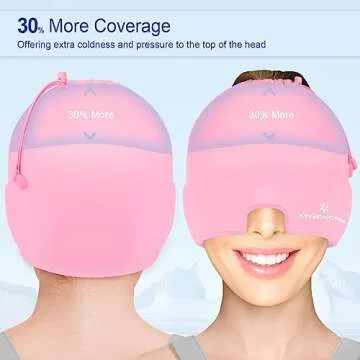 KingPavonini Ice Head Wrap, Adjustable Migraine Headache Relief Cap with Drawstring, Hot/Cold Migraine Hat for Tension Stress, Sinus, Puffy Eyes, Pink