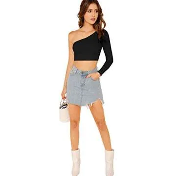 Floerns Women's One Shoulder Long Sleeve Tee Shirt Crop Tops A Black S