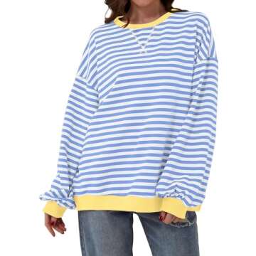 REIOASUD Womens Oversized Striped Sweatshirt Color Block Long Sleeve Shirt Crewneck Pullover Striped Sweater Y2k Clothes (Blue White,X-Large)
