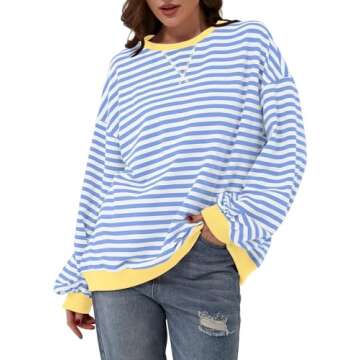 REIOASUD Womens Oversized Striped Sweatshirt Color Block Long Sleeve Shirt Crewneck Pullover Striped Sweater Y2k Clothes (Blue White,X-Large)