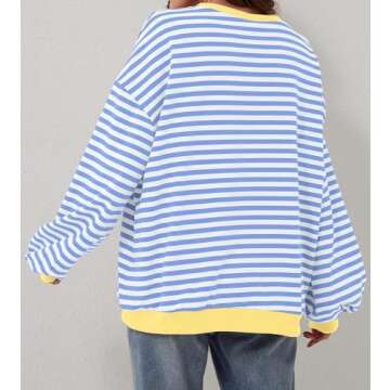 REIOASUD Womens Oversized Striped Sweatshirt Color Block Long Sleeve Shirt Crewneck Pullover Striped Sweater Y2k Clothes (Blue White,X-Large)