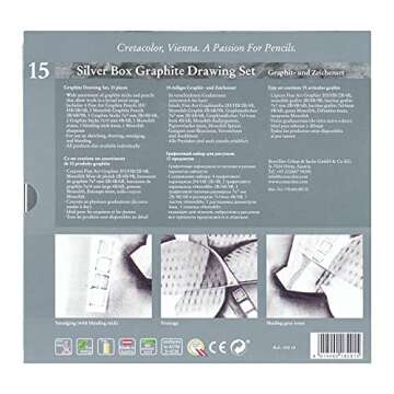 CRETACOLOR Silver Box Graphite Drawing Set, Graphite Drawing Set, 15 Pieces, for Beginners and Professionals