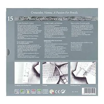 CRETACOLOR Silver Box Graphite Drawing Set, Graphite Drawing Set, 15 Pieces, for Beginners and Professionals