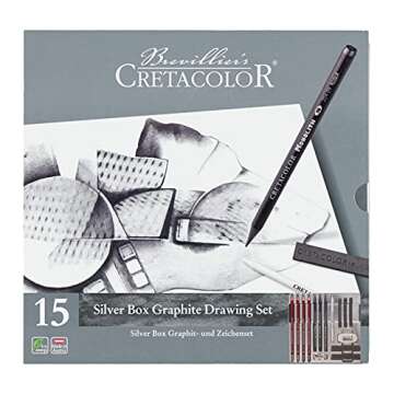 CRETACOLOR Silver Box Graphite Drawing Set, Graphite Drawing Set, 15 Pieces, for Beginners and Professionals