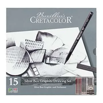 CRETACOLOR Silver Box Graphite Drawing Set, Graphite Drawing Set, 15 Pieces, for Beginners and Professionals