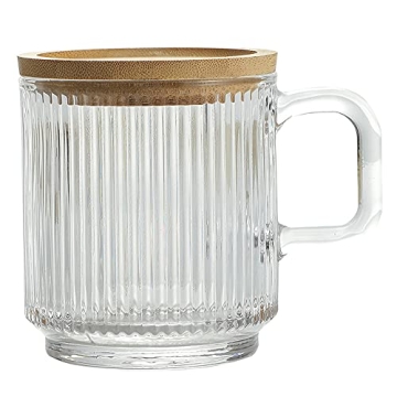 Lysenn Clear Glass Coffee Mug with Bamboo Lid - 12.5oz Premium Striped Tea Cup