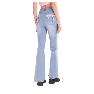 Floerns Women's Contrast Lace Bell Bottom Jeans Bowknot Flare Leg Denim Pants Blue A Large