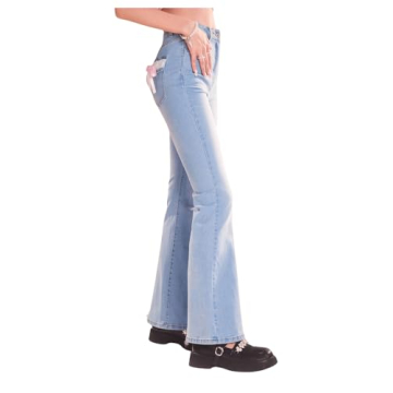 Stylish Floerns Contrast Lace Flare Leg Denim Pants for Women