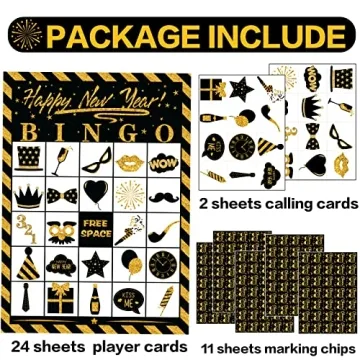 Joy Bang New Years Bingo Cards Games for Kids Adults, 24 Players for Family Friends Large Group, New Years Crafts Activities Party Supplies Favors Gifts for Children