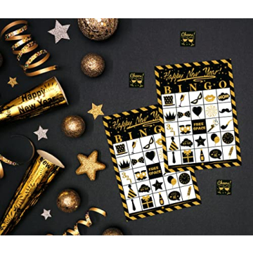 Joy Bang New Years Bingo Cards Games for Kids Adults, 24 Players for Family Friends Large Group, New Years Crafts Activities Party Supplies Favors Gifts for Children