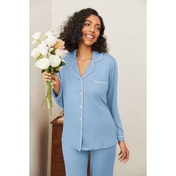 Ekouaer Women's Button Down Pajama Set - Long Sleeve Light Blue Lounge Sleepwear
