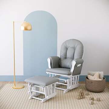 Storkcraft Premium Hoop Glider and Ottoman (White Base, Light Gray Cushion) – Padded Cushions with...