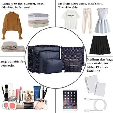 jealkip Travel Packing Cubes Lightweight,6 Set Luggage Organizers for Suitcase,Travel Accessories Bags for Clothes Shoes Electronics Cosmetics Toiletries Navy Point