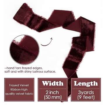 HUIHUANG Burgundy Velvet Ribbon 2 inch Frayed Silk Velvet Fringe Ribbon for Flower Bouquet, Gift Wra...