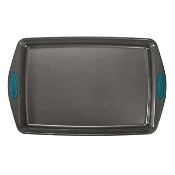 Rachael Ray Nonstick Bakeware Set with Grips includes Nonstick Bread / Baking Pans, Cookie / Baking Sheet and Cake Pans - 10 Piece, Gray with marine blue grips