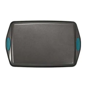 Rachael Ray Nonstick Bakeware Set with Grips includes Nonstick Bread / Baking Pans, Cookie / Baking Sheet and Cake Pans - 10 Piece, Gray with marine blue grips