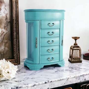 Hives & Honey Daphne Oval Glass Turquoise Jewelry Chest Jewelry Organizer Box Case Mirrored Storage