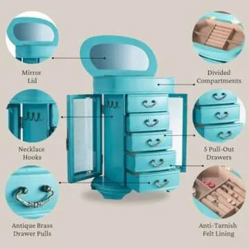 Hives & Honey Daphne Oval Glass Turquoise Jewelry Chest Jewelry Organizer Box Case Mirrored Storage