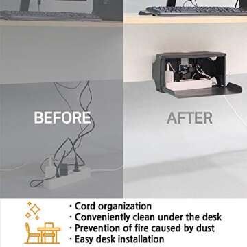 TAP-UP Cable Box, Desk Mounted Cable Management Box, Cord Organizer - Easy to Install Without Drilling Any Holes to Your Desk (Grey)