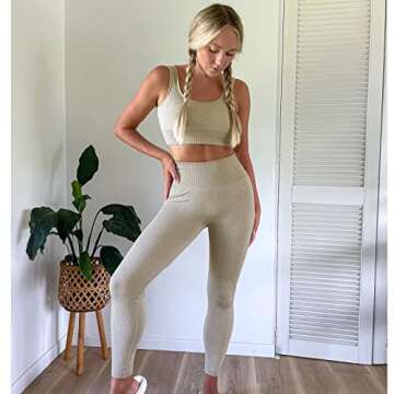 Jetjoy Exercise Outfits for Women 2 Pieces Ribbed Seamless High Waist Yoga Summer Outfits Sports Gym Tracksuits Sweatsuits