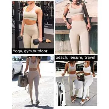 Jetjoy Exercise Outfits for Women 2 Pieces Ribbed Seamless High Waist Yoga Summer Outfits Sports Gym Tracksuits Sweatsuits